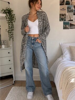 Hollister Open Knit Longline Cardigan Sweater Black White Marled XS/S